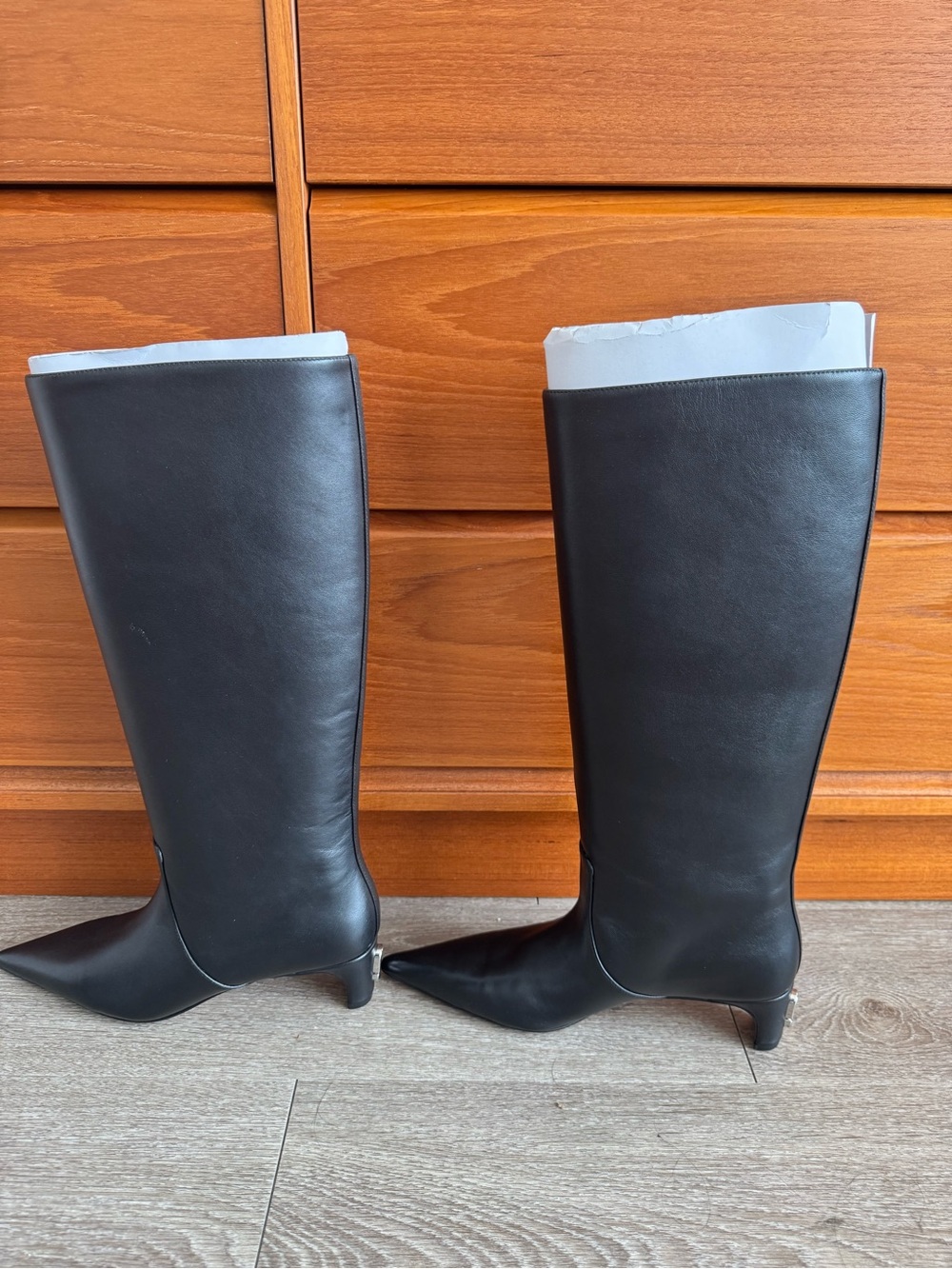 Marc Jacobs Black Pointed-Toe Knee Boots with Gold Accent Heel - Picture 2 of 4